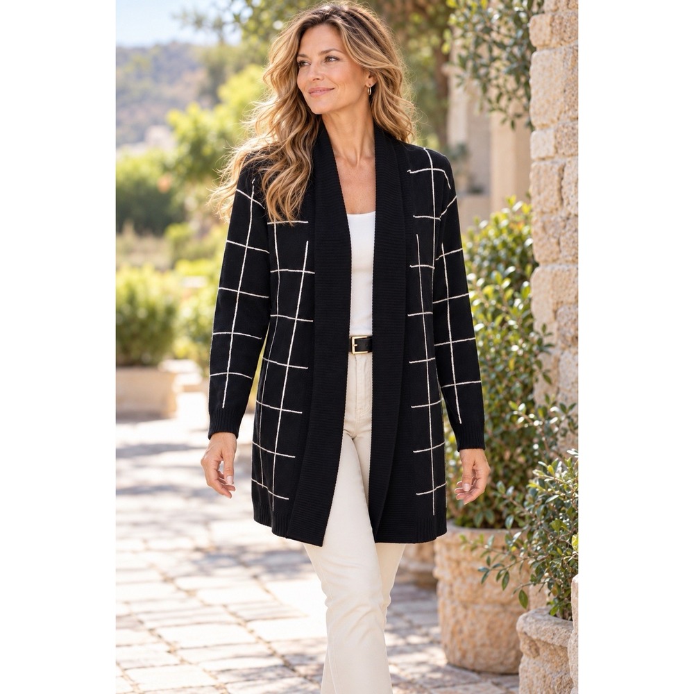 Charter Club Luxury Cashmere Black White Windowpane Open Cardigan Sweater M